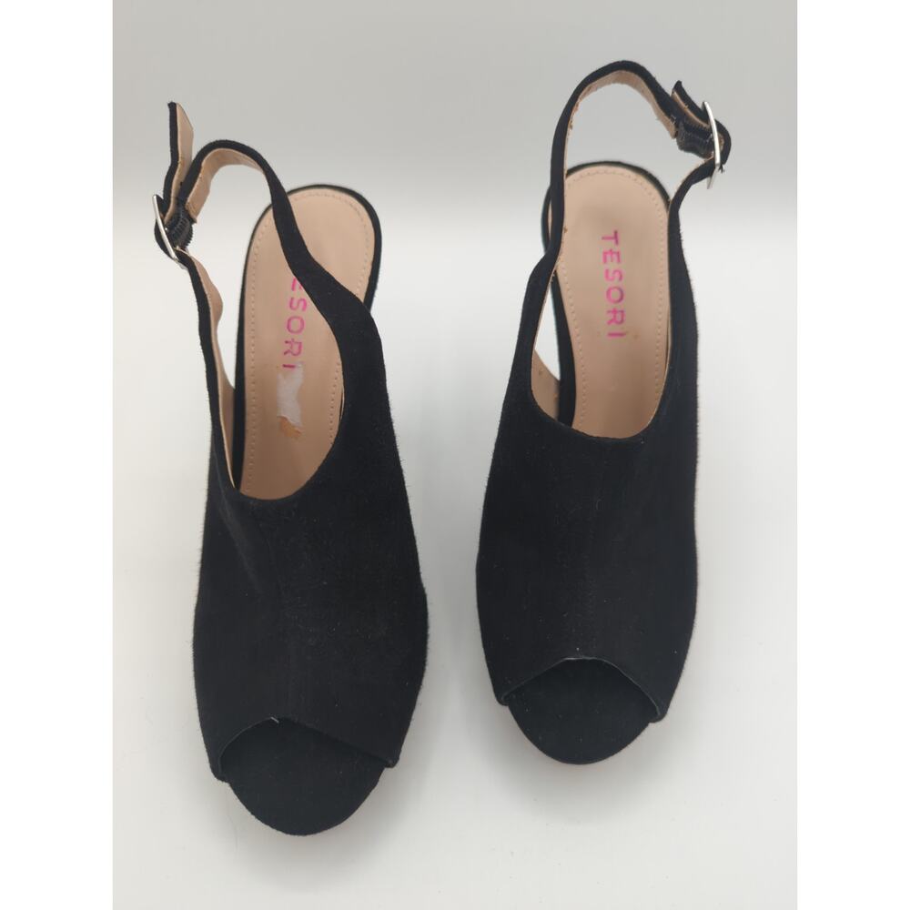 TESORI Beauty-Lea Slingback Peep Toe Heels  Black Suede Size 7M